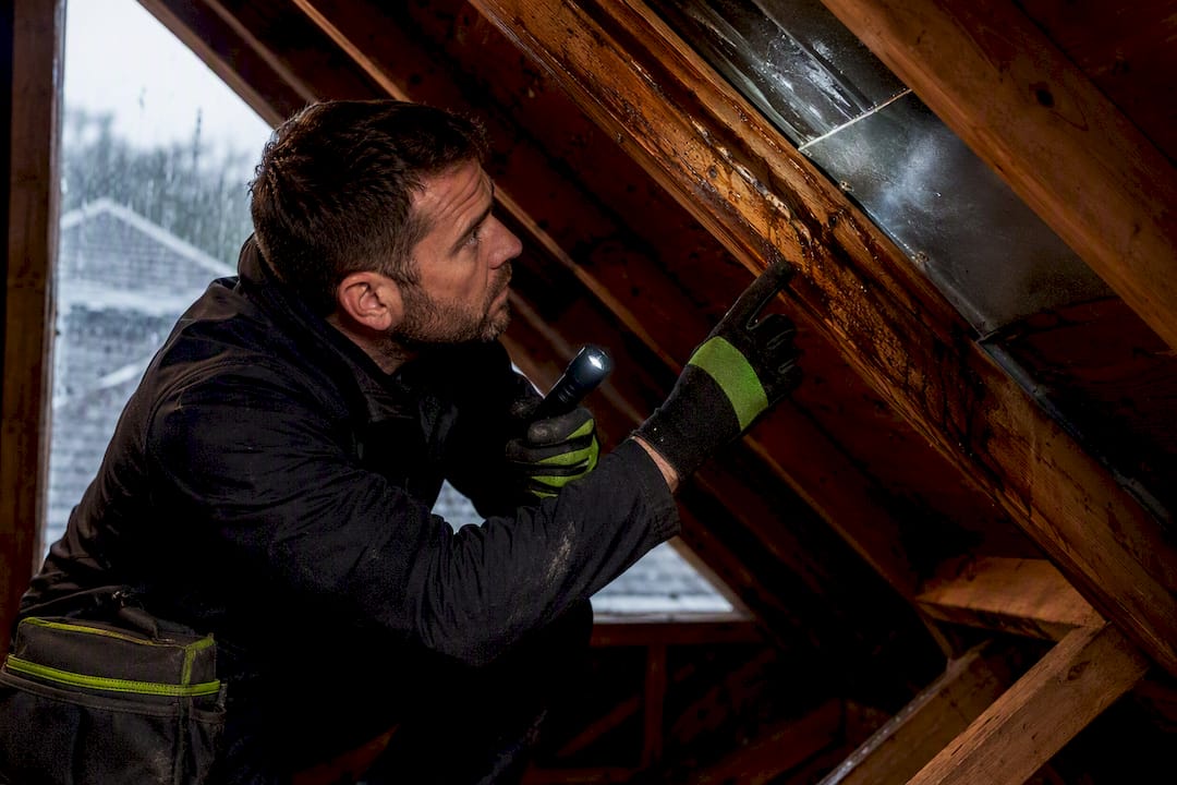 Roofer tracing water uphill along wet rafter
