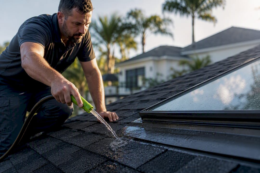 Technician testing skylight flashing with hose