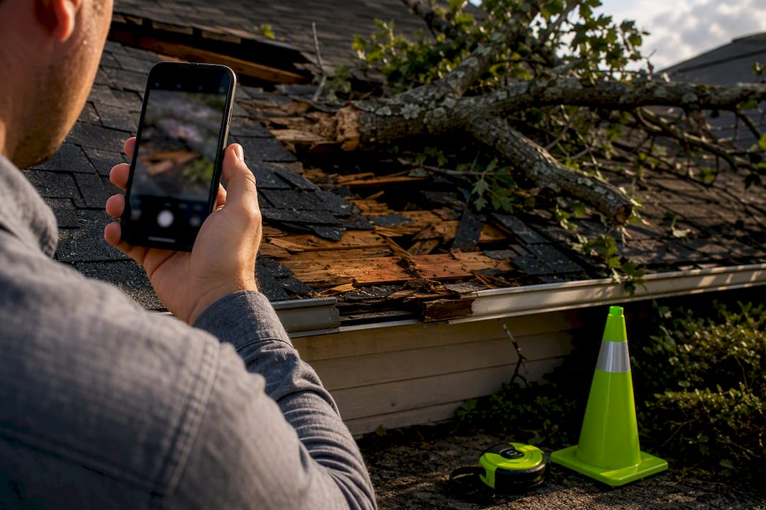 Phone documenting fallen tree roof damage