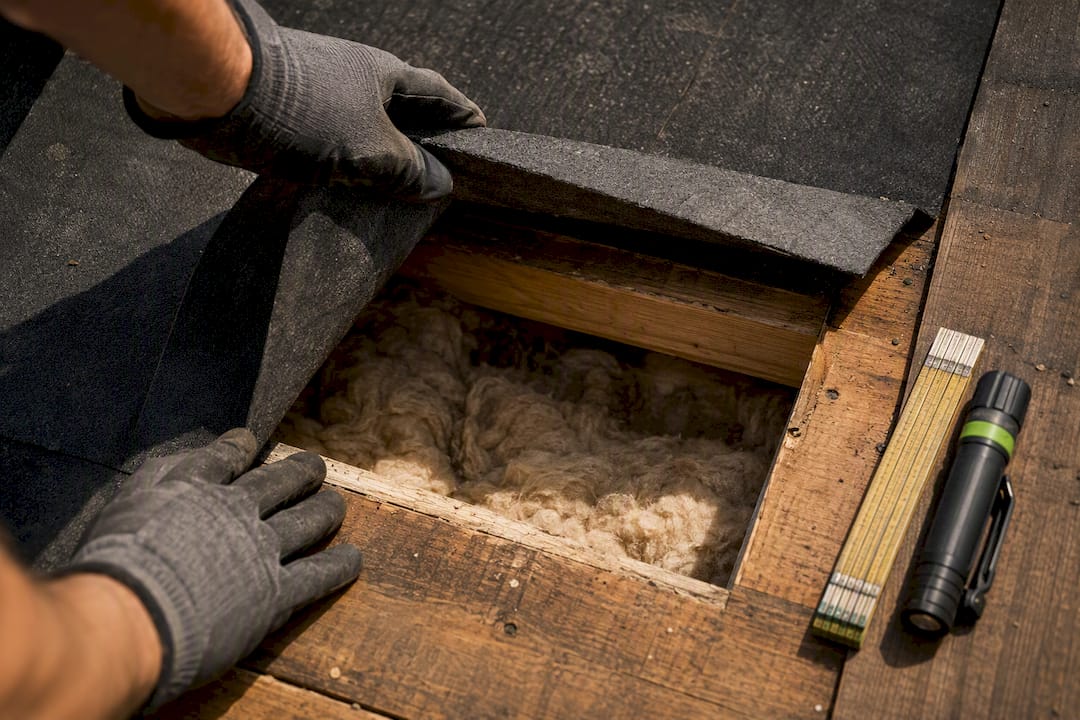 Inspection reveals underlayment and compressed insulation
