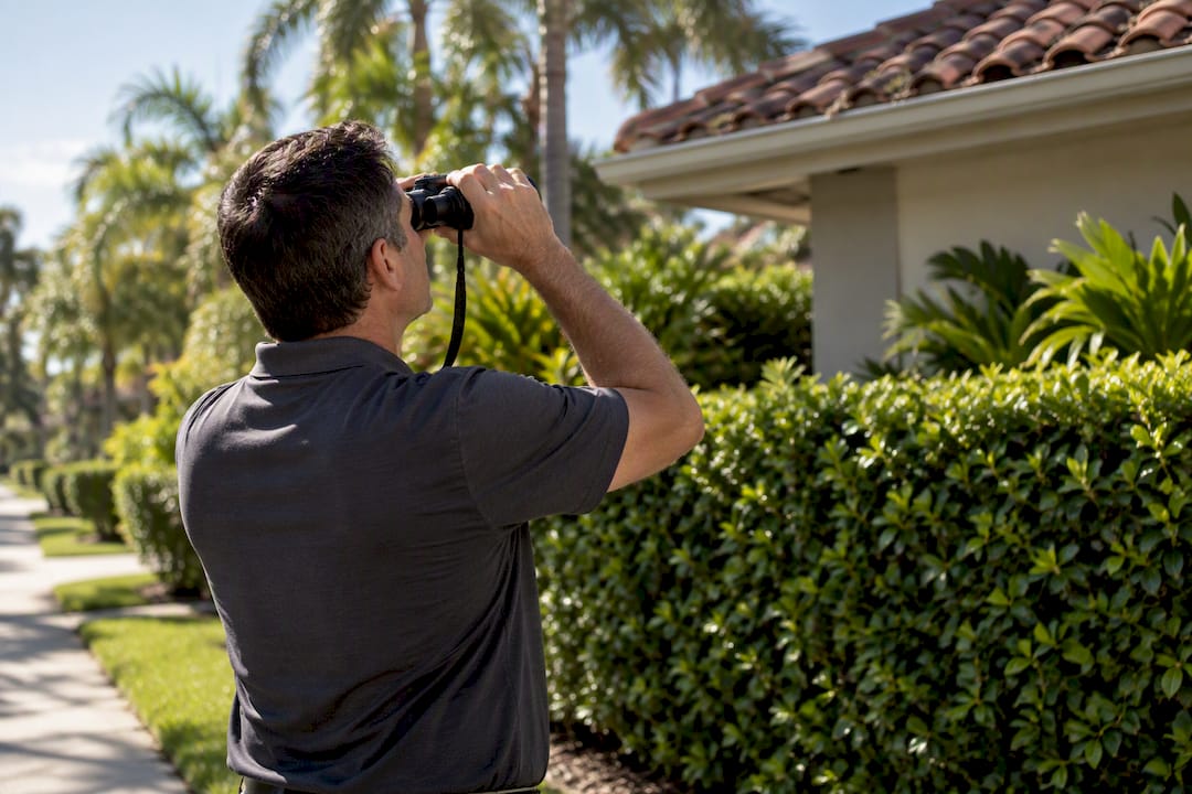 Homeowner inspecting tile roof with binoculars