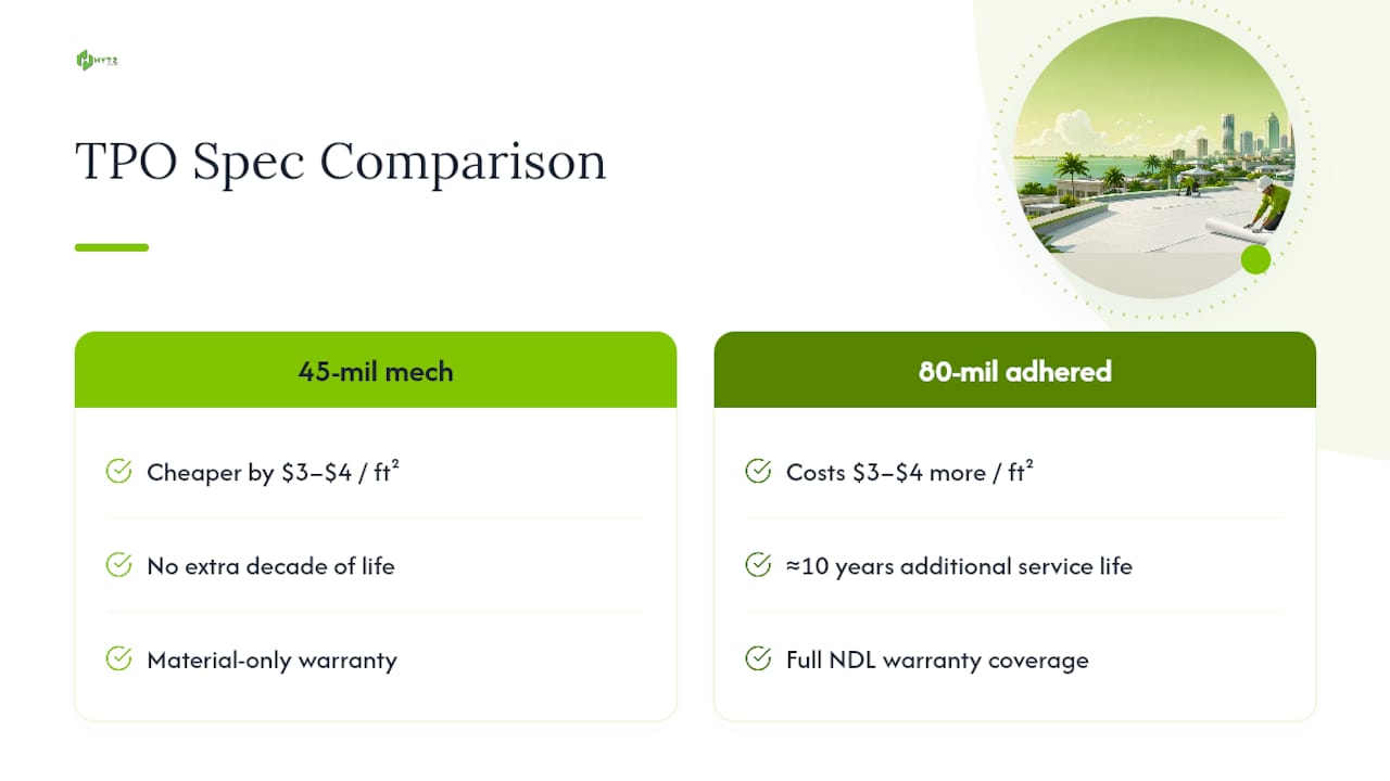 TPO thickness, cost, life and warranty comparison