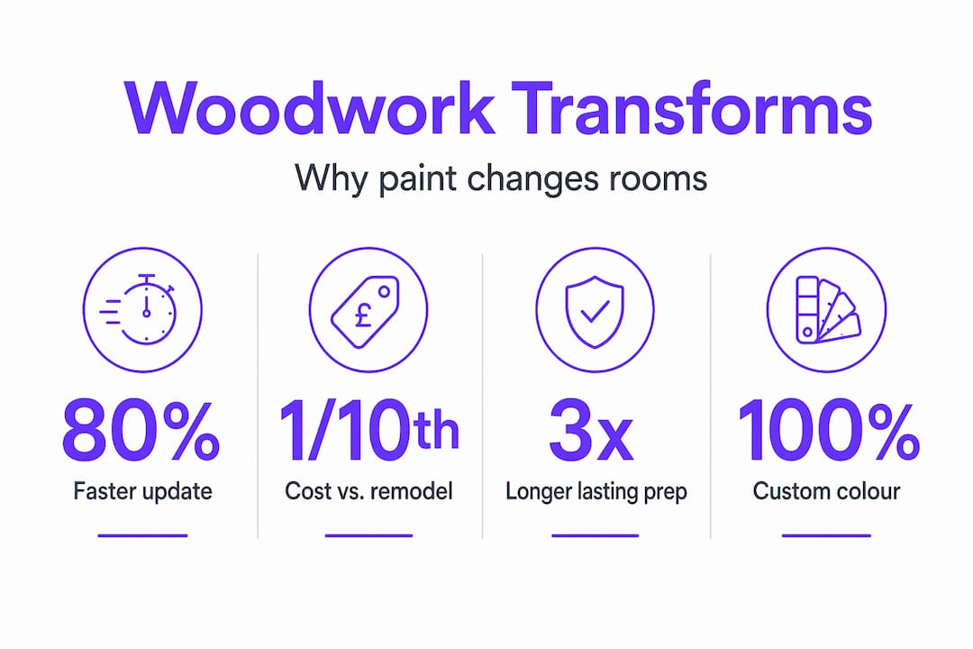 Stats infographic showing woodwork painting transformation benefits