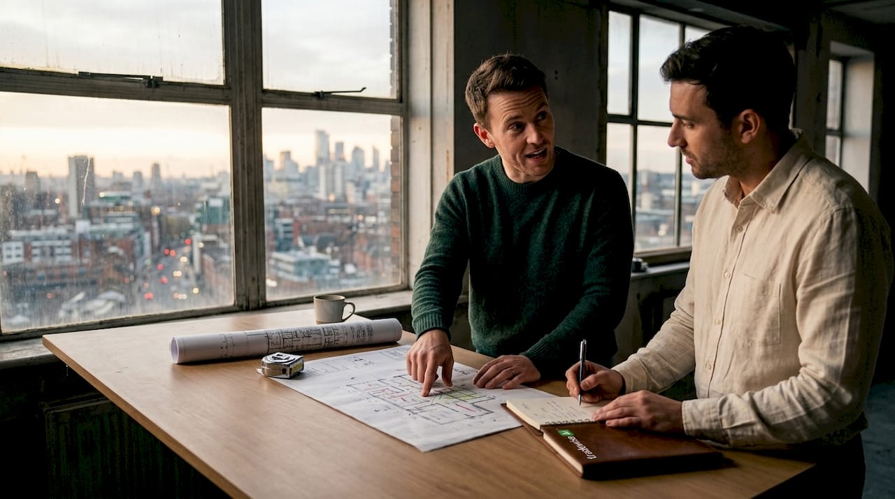 Architects collaborate on building plans in site office