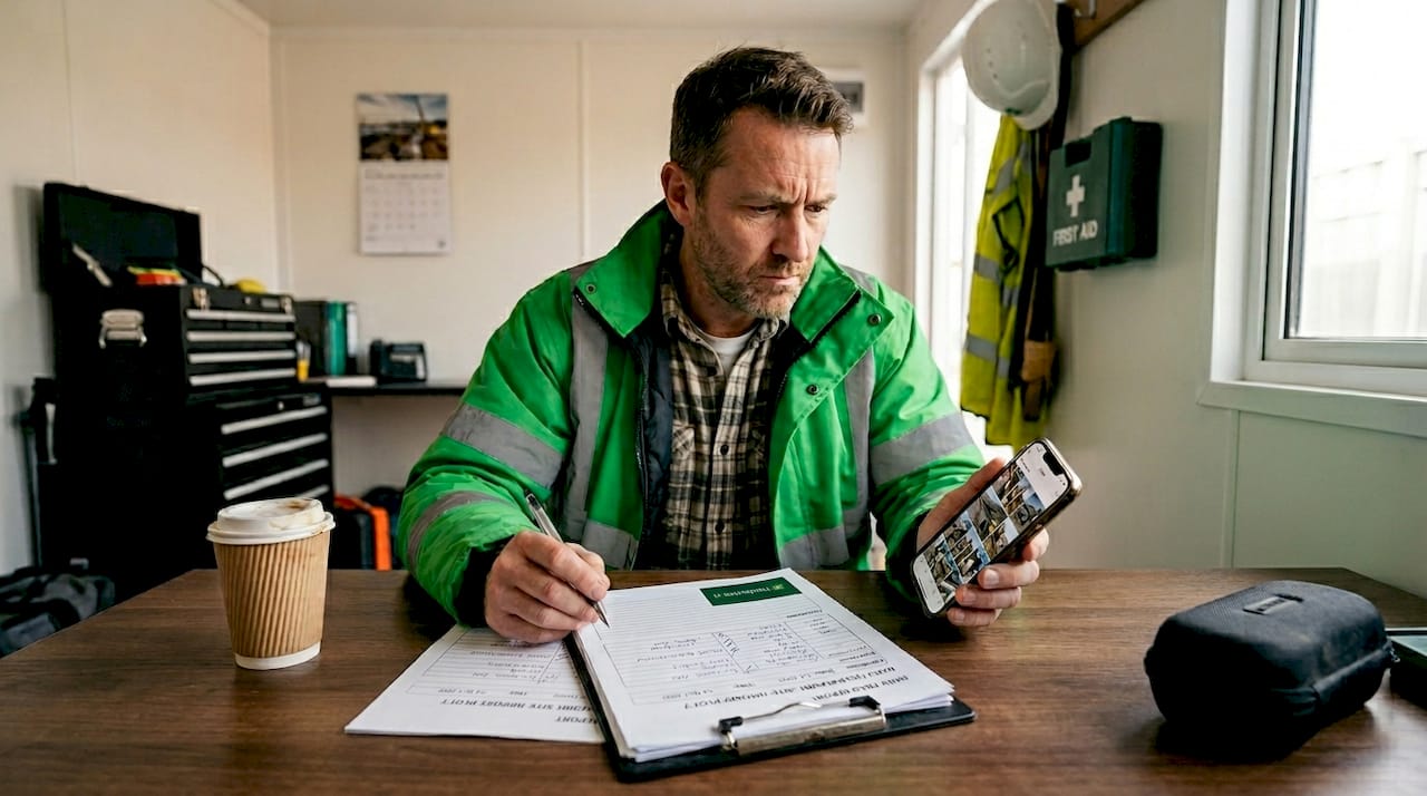 Supervisor reviews daily reports with phone and paperwork