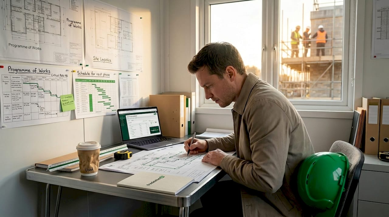 Project manager reviewing CPM diagram in site office