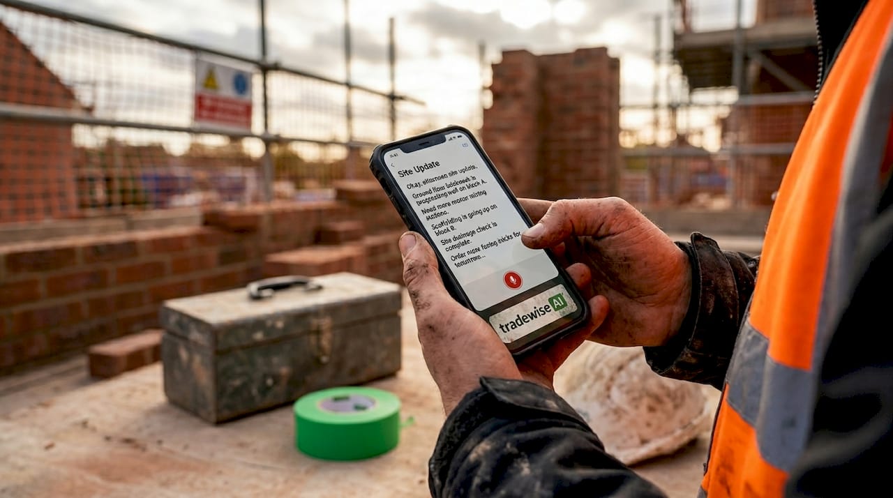Worker using smartphone voice dictation on site