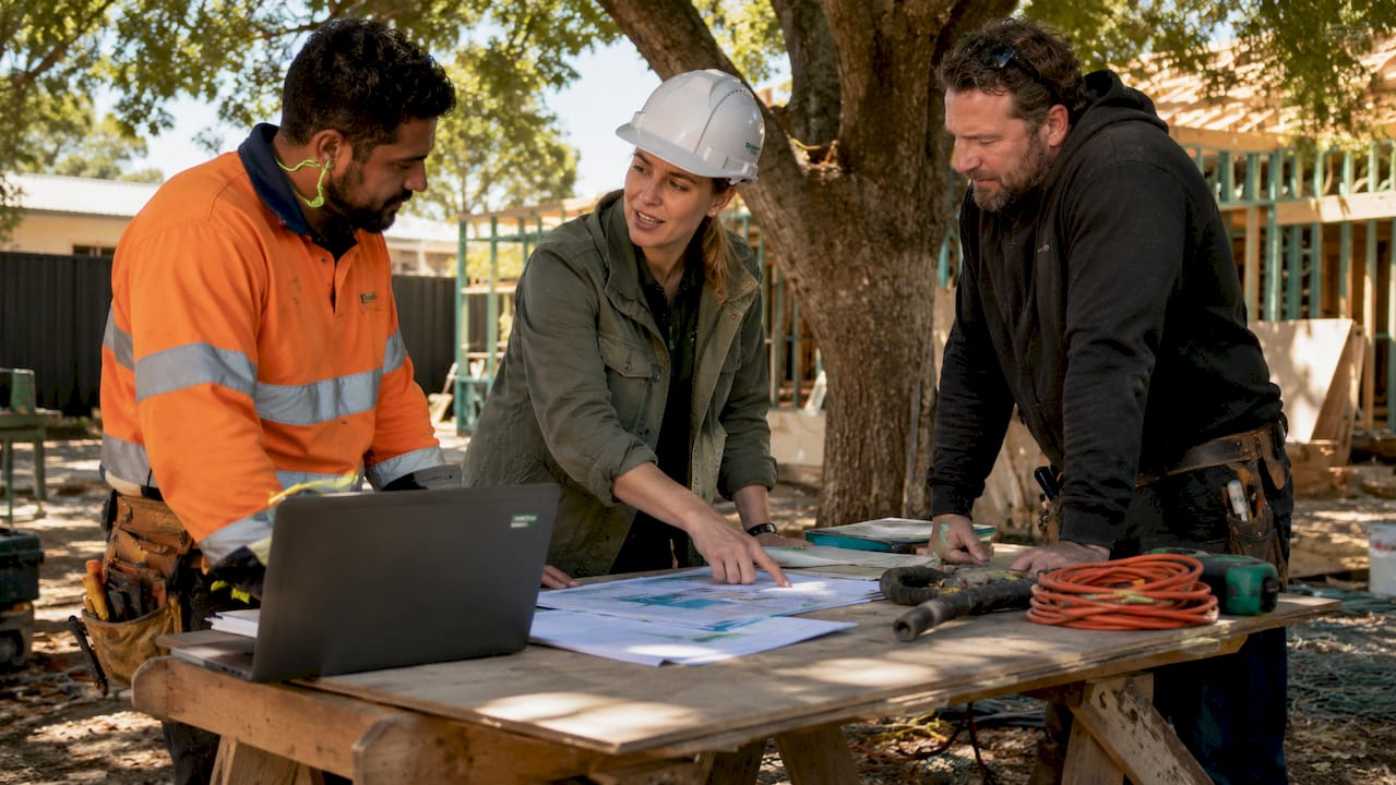 Builder coordinating with specialist trades on site