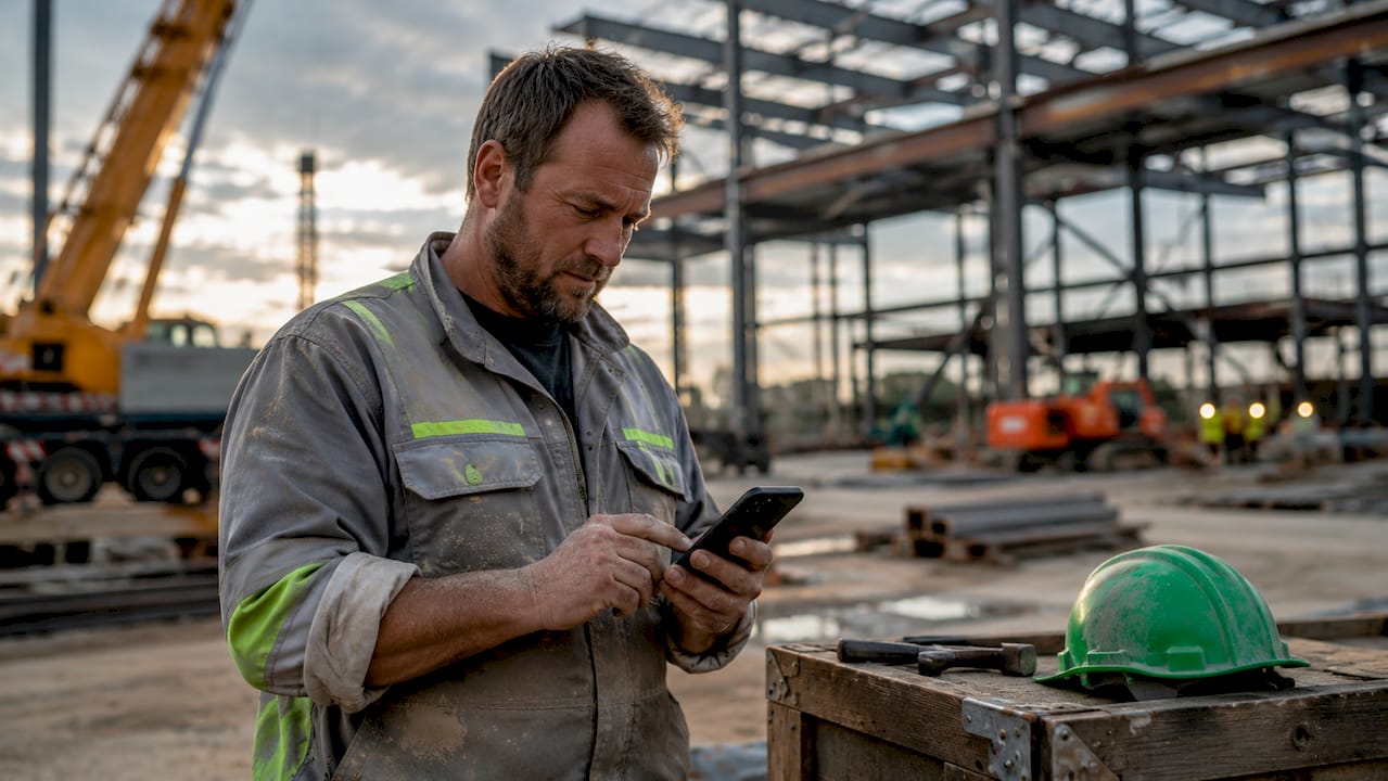 Foreman using mobile device on construction site
