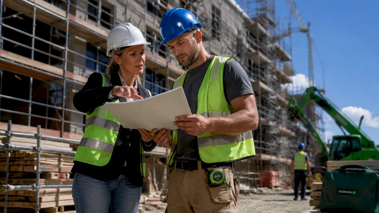 Builder and site manager reviewing contract outdoors