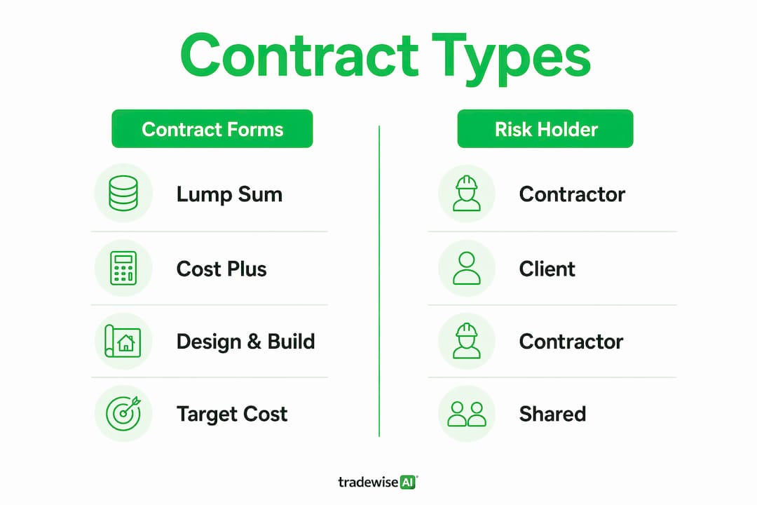 Infographic comparing UK construction contract types and risks