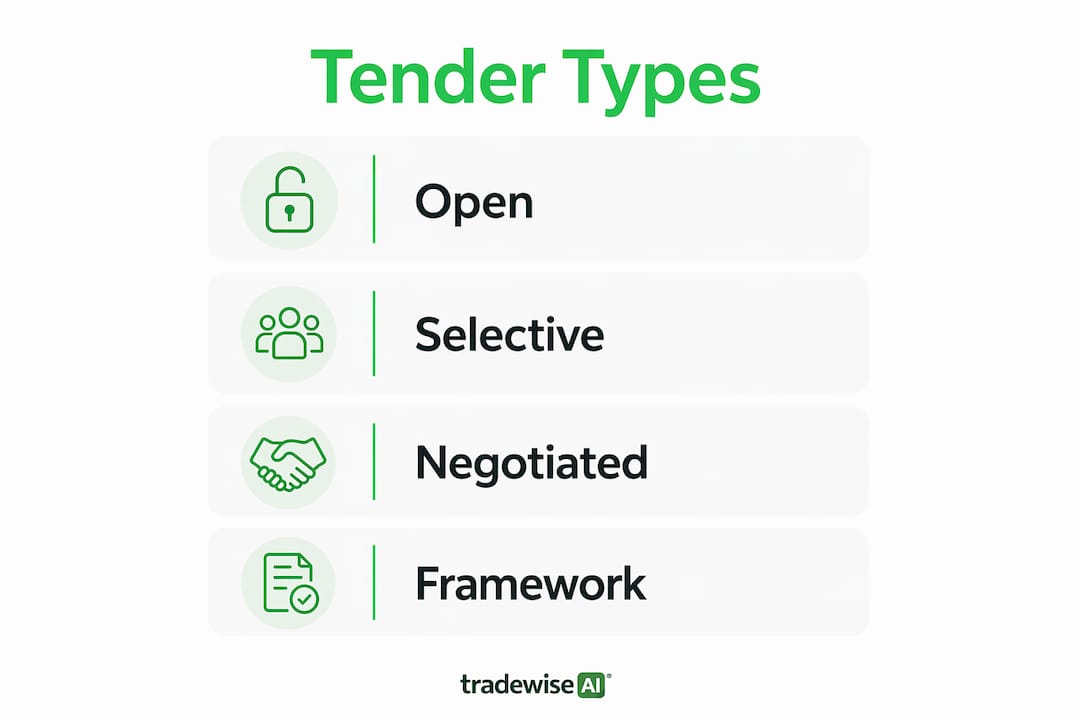 Infographic listing UK construction tender types in vertical flow