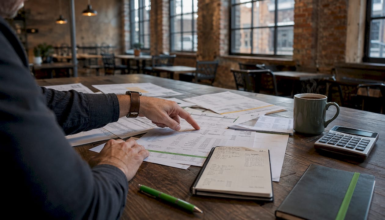 Hands pointing at detailed job costing paperwork