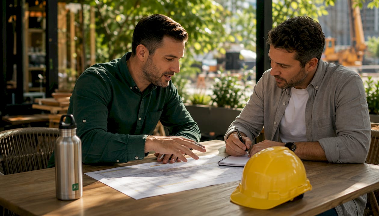 Overhead view of contractors discussing estimating methods