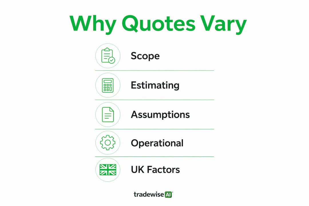 Infographic showing key reasons construction quotes vary in UK