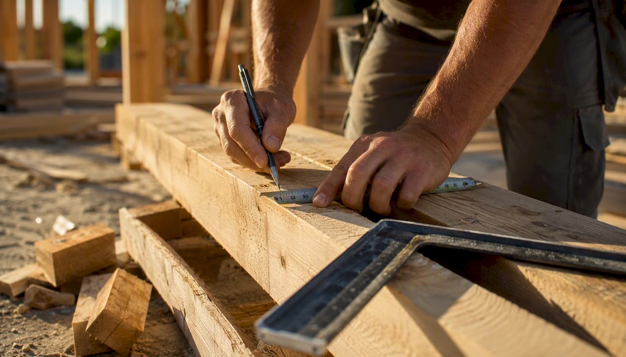 Hands measuring wood on construction site
