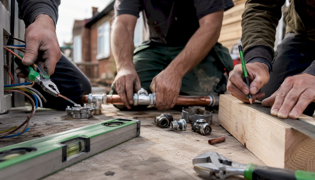 Hands of tradespeople performing tasks on site