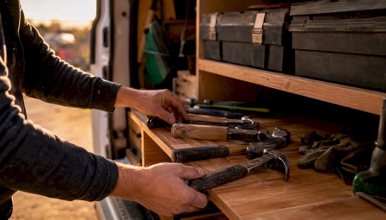 Hands arranging plumbing supplies in van