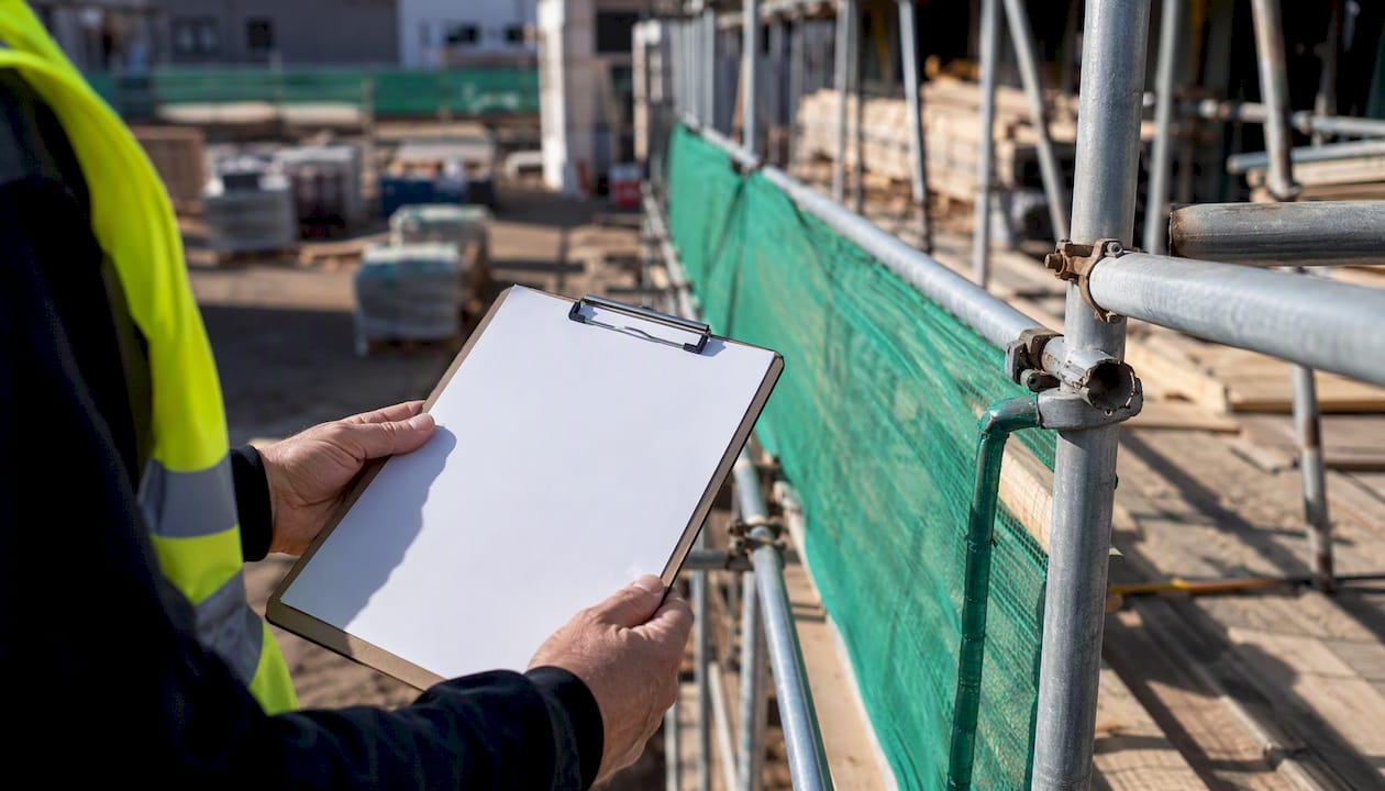 Hands inspecting safety checklist at site