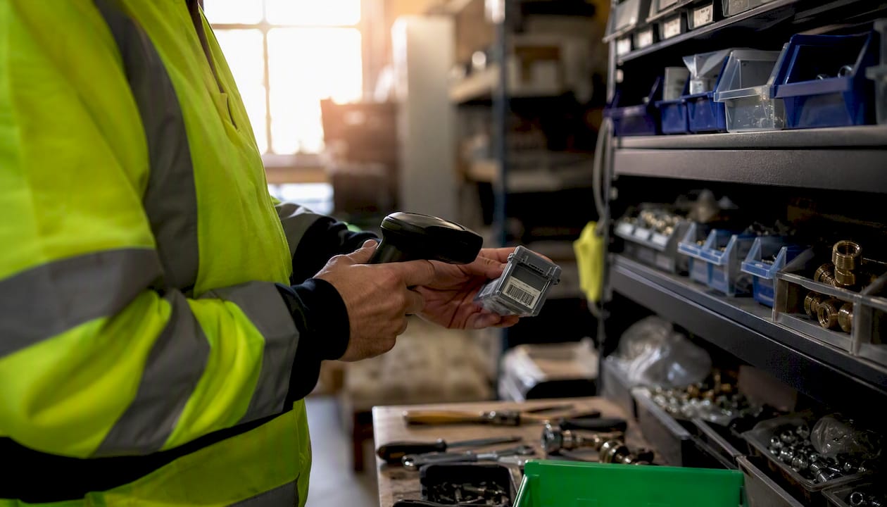 Technician scanning parts inside van