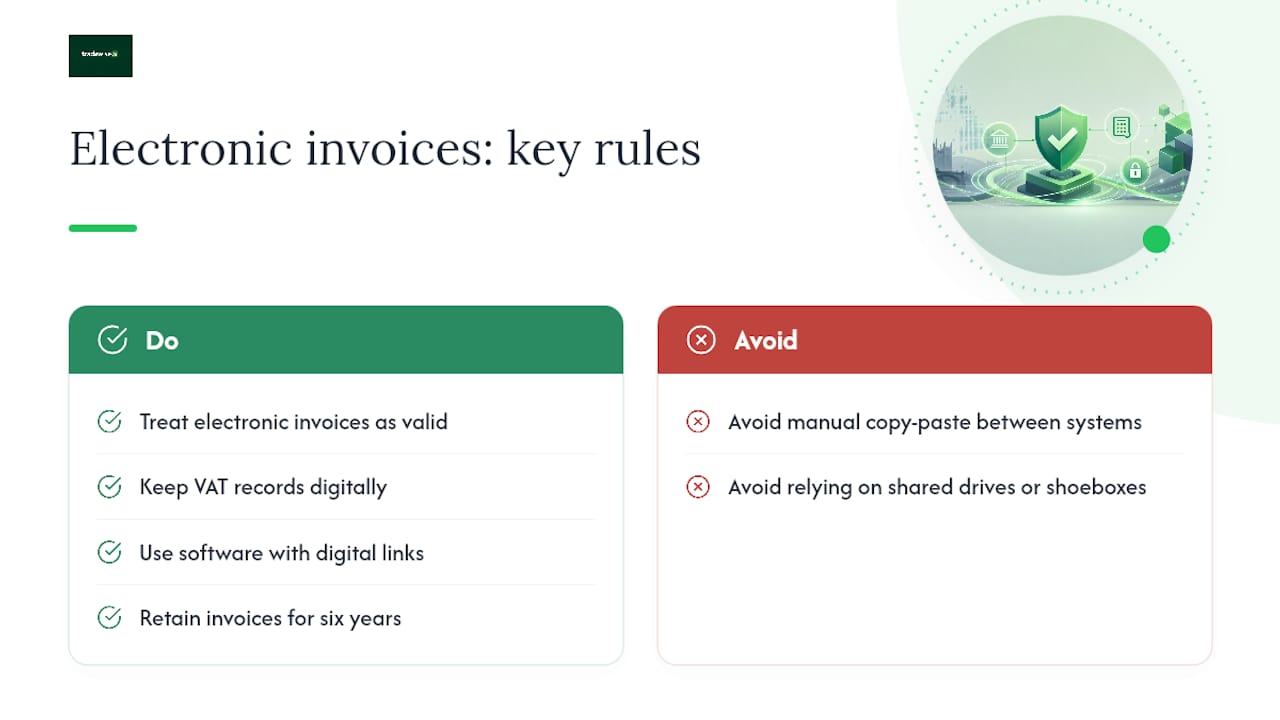 Do electronic invoices count, and how long must you keep them? — overview diagram