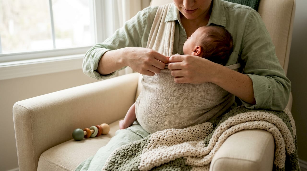 Hand adjusting stretchy baby wrap fabric