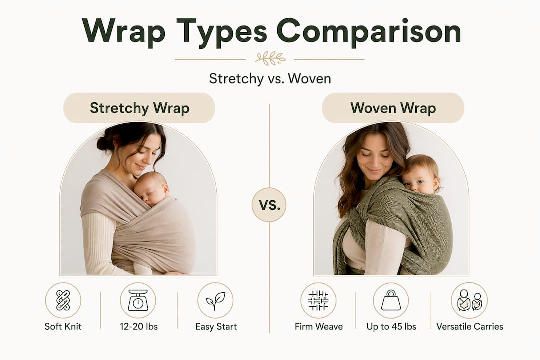 Infographic comparing stretchy and woven wraps