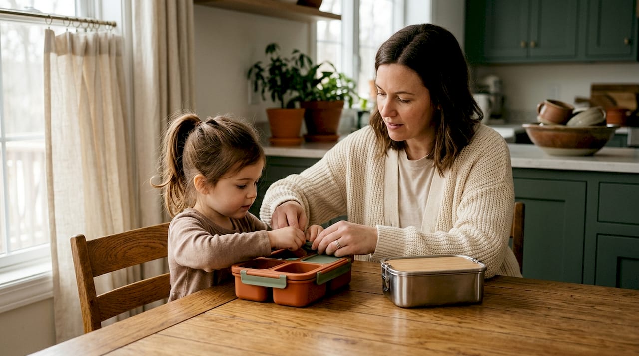 Parent guiding child with silicone lunch container