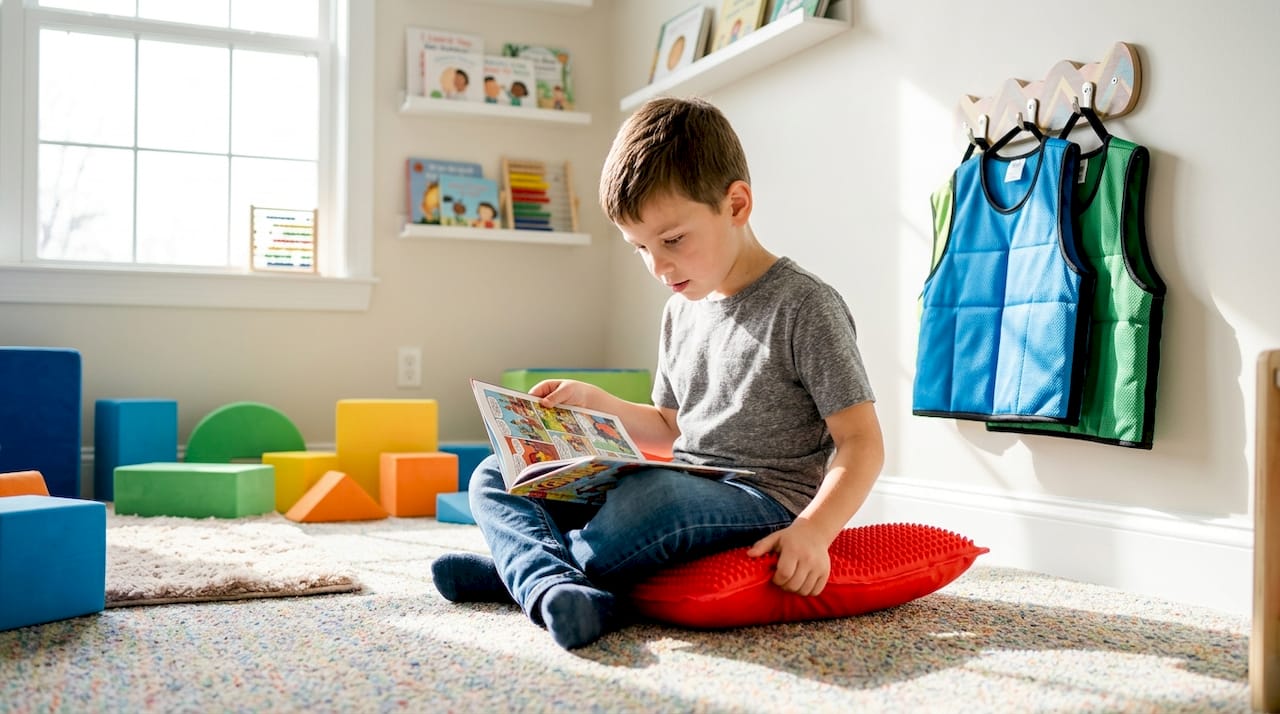 Child uses tactile cushion in living room