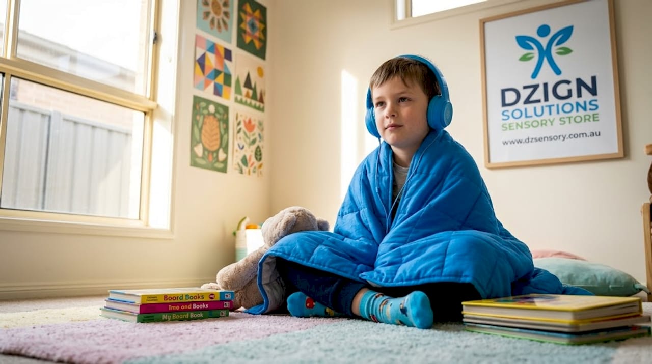 Child using weighted blanket and headphones on couch