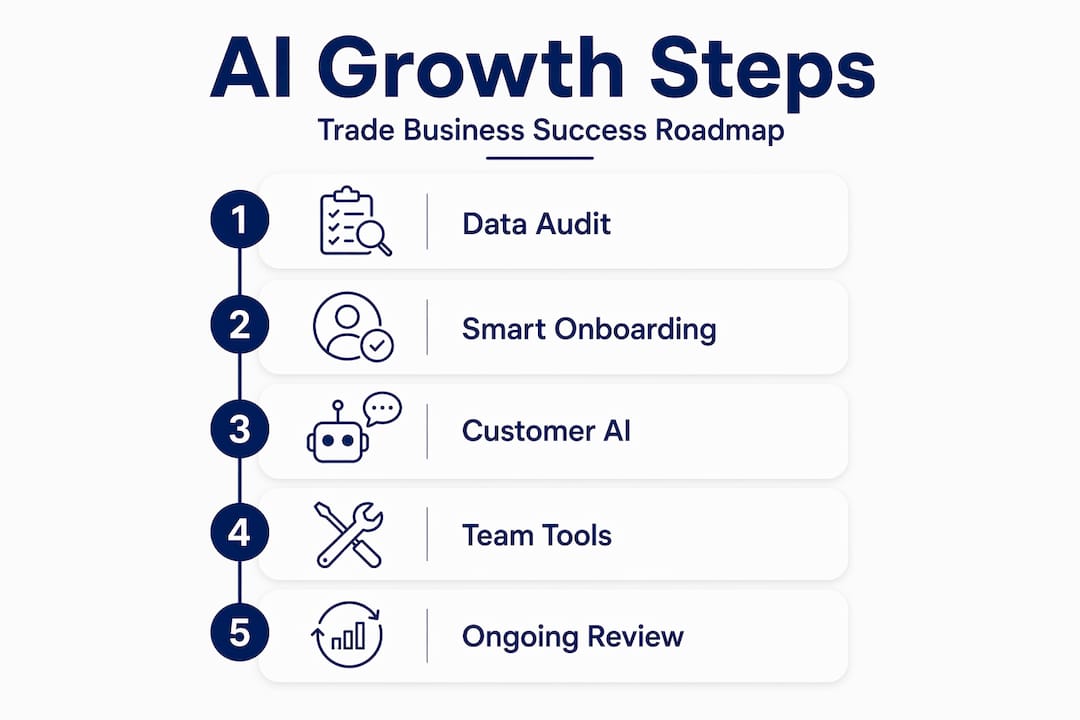 Vertical step infographic AI growth roadmap for trade business