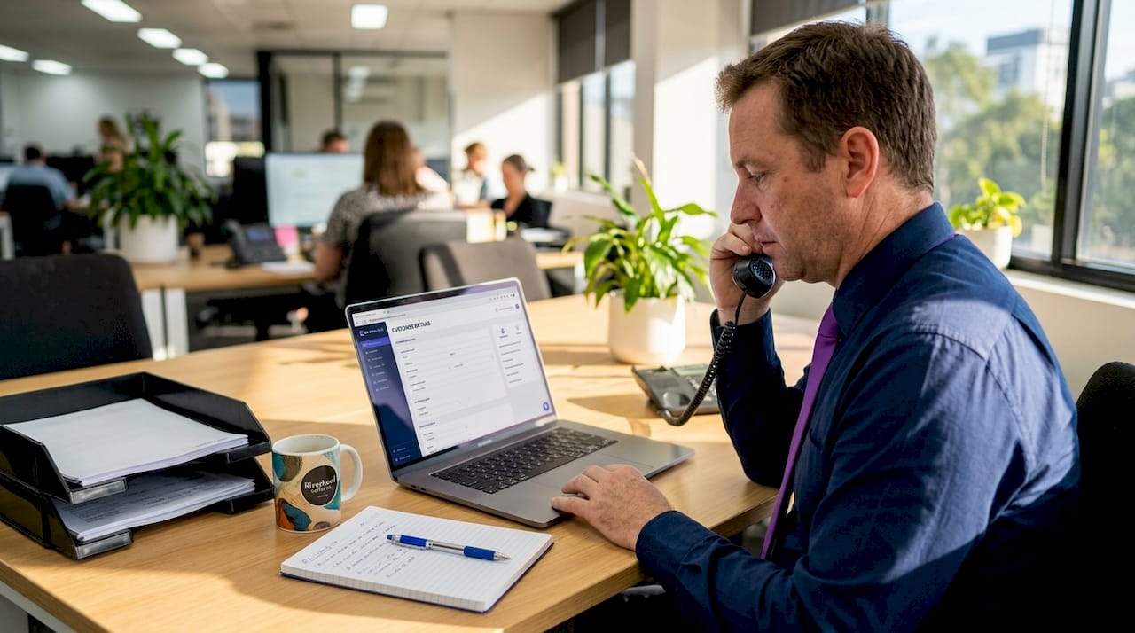 Office worker taking call at shared desk