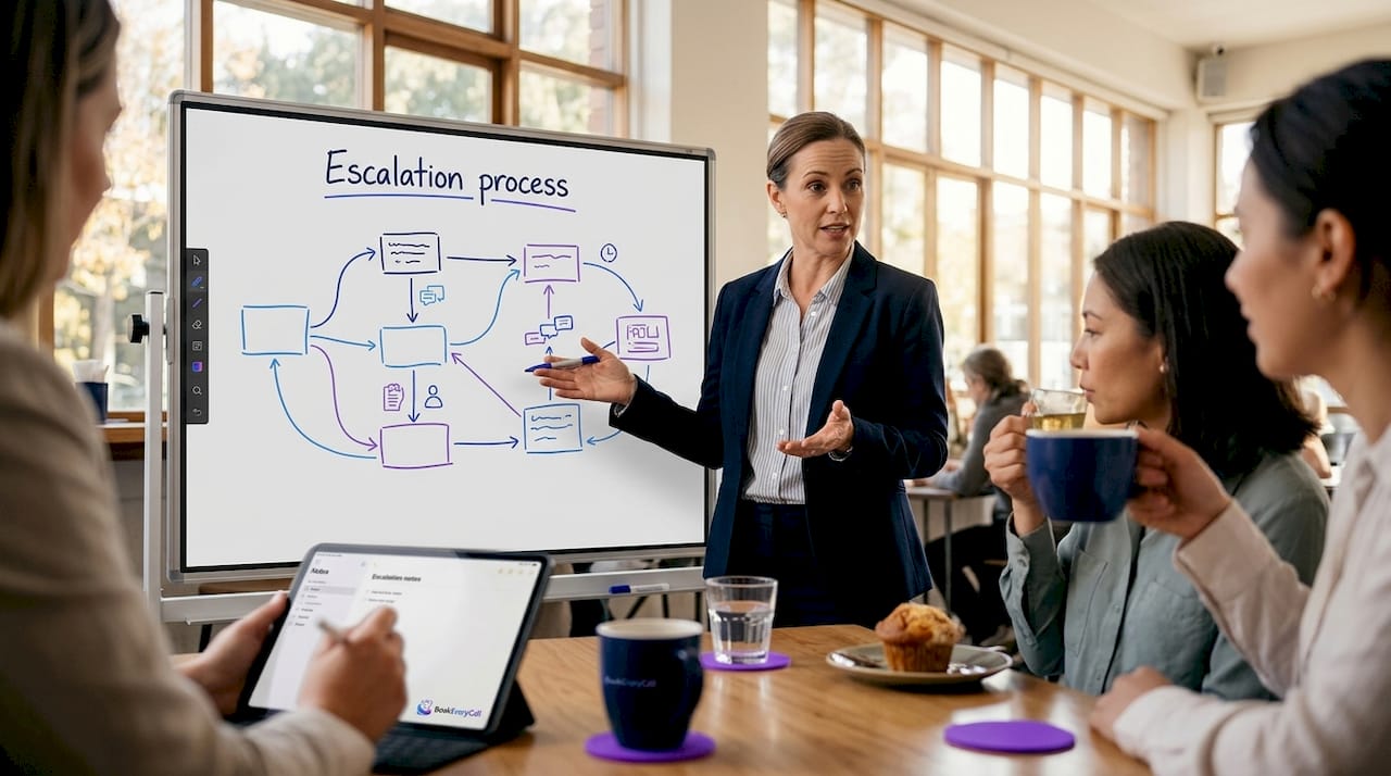 Team reviewing AI escalation workflow