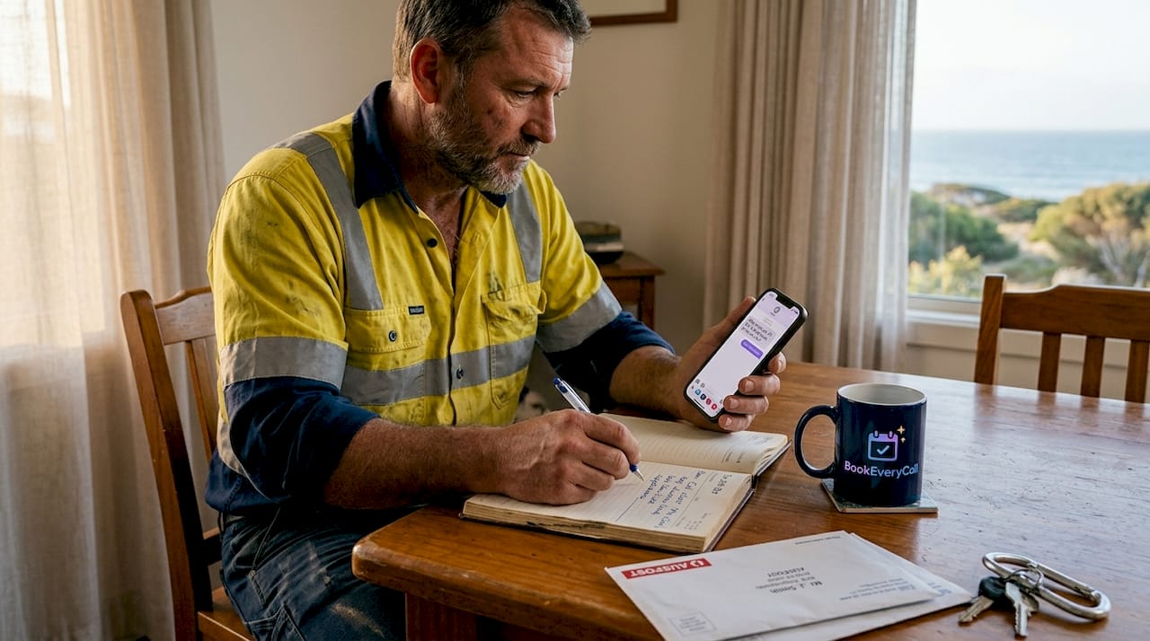 Australian tradesman using chatbot at home table