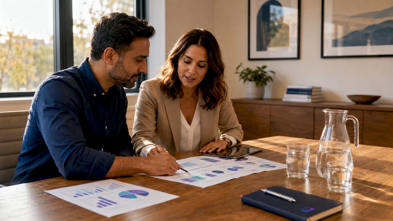 Two marketers comparing ChatGPT and Google ads in meeting