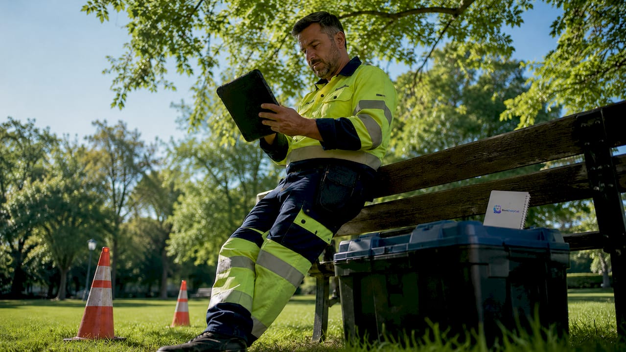 Field technician checking emergency dispatch tablet