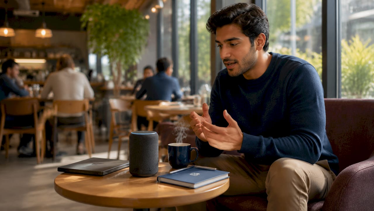 Businessman interacting with AI voice assistant