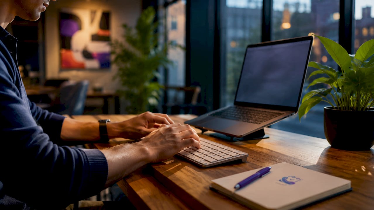 Hands typing on keyboard with AI setup checklist