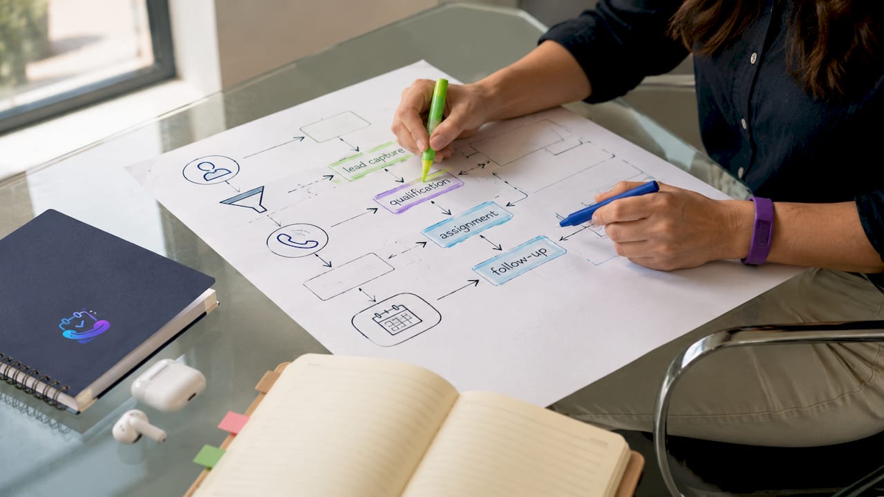 Hands marking real estate enquiry workflow chart