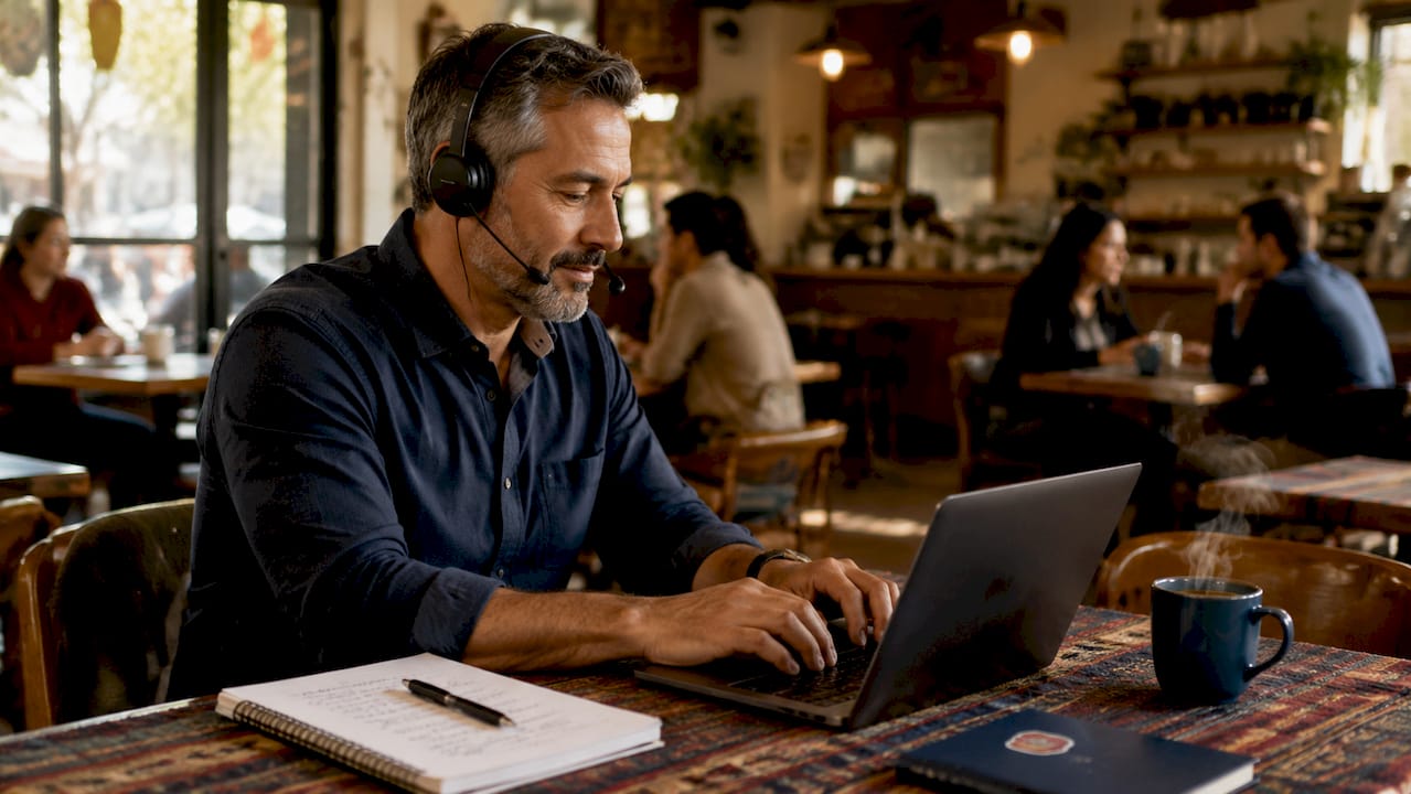 Man at restaurant desk handling bookings with headset