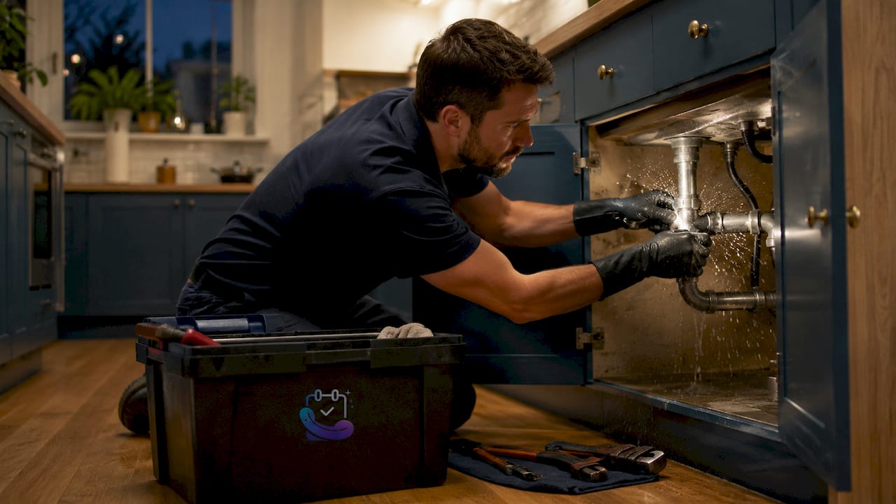 Plumber fixing burst pipe during after-hours emergency