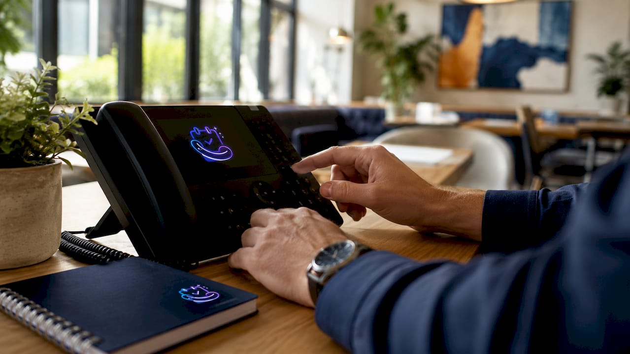 Hands configuring office VoIP phone with AI assistant