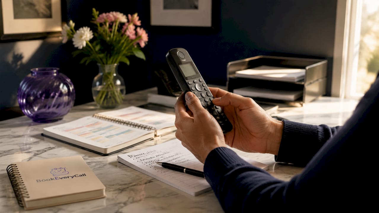 Hands handling phone call at reception desk