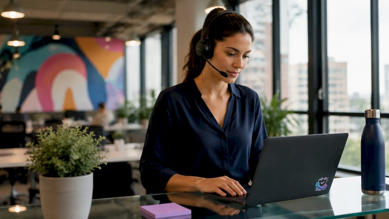 Customer service representative typing at desk