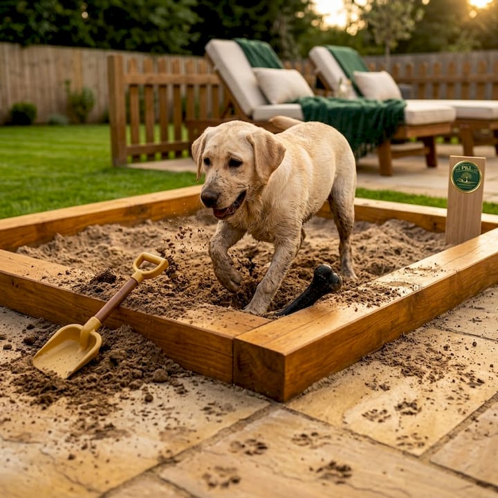 Labrador using defined backyard dog dig zone