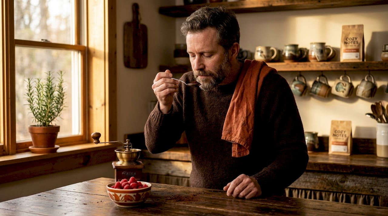 Man compares coffee and berry aromas in kitchen