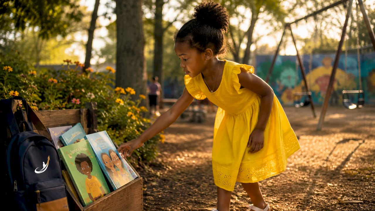 Child selecting SEL book from display