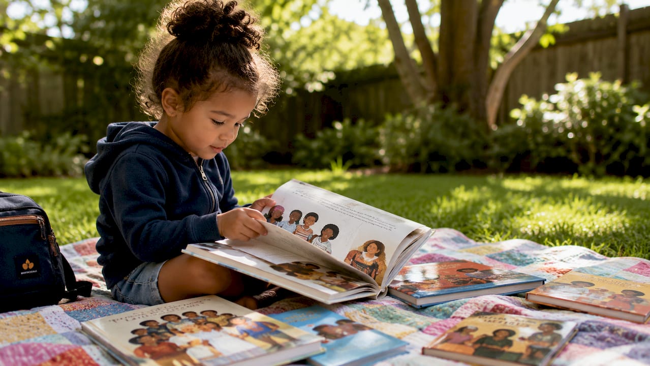 Toddler reading family-themed picture book