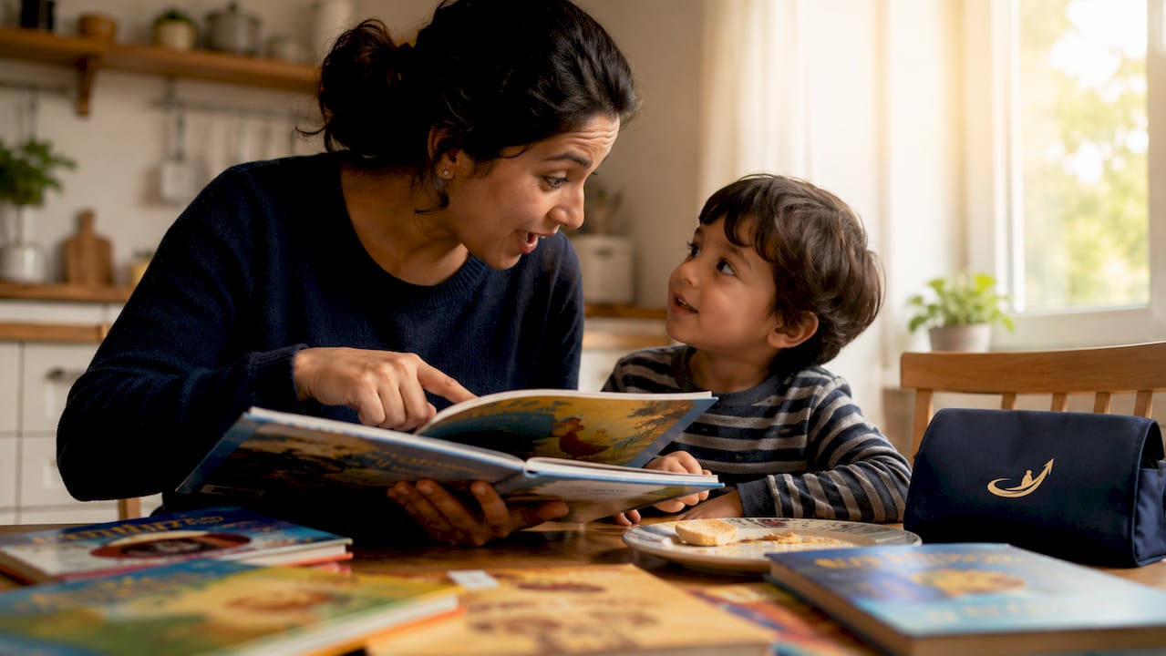 Mother reading children's book with young boy