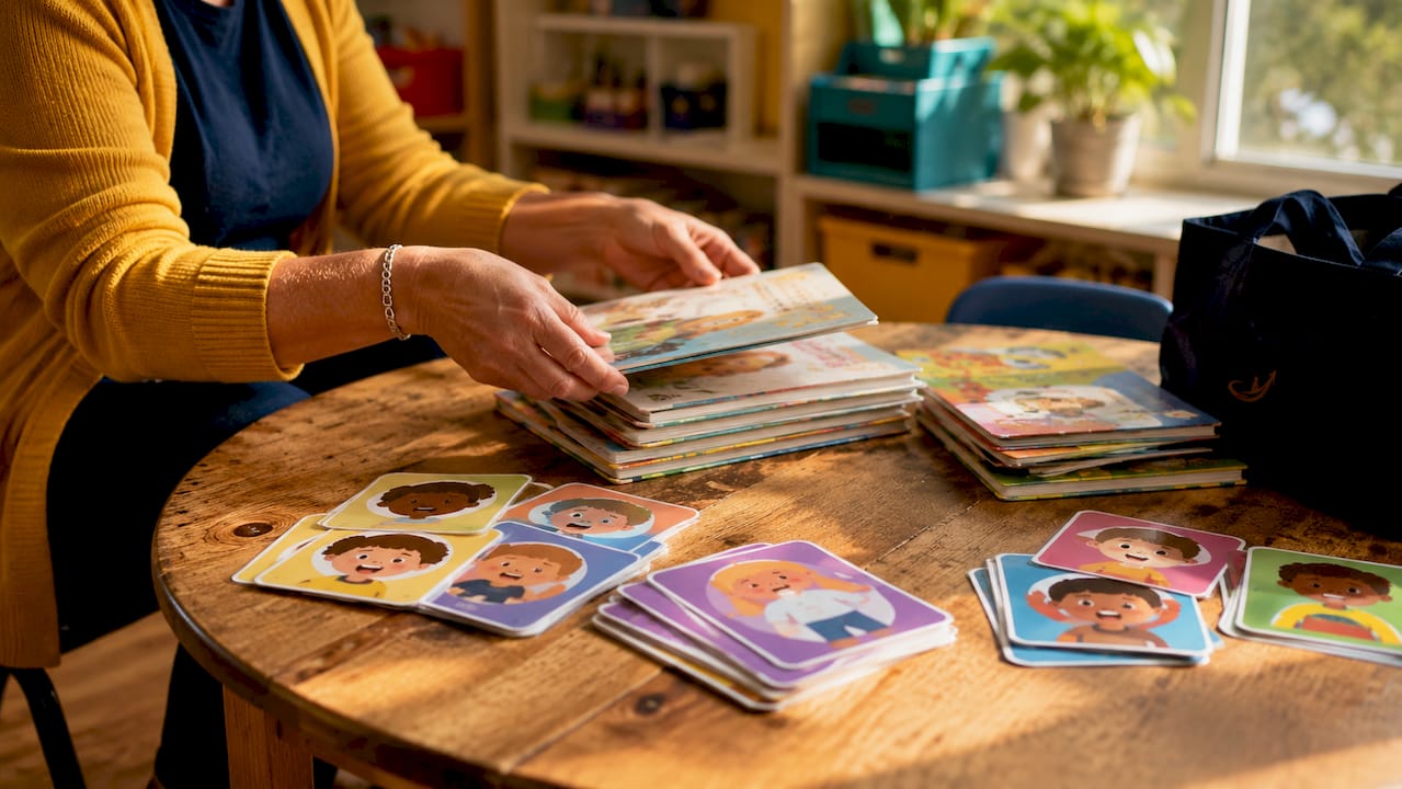 Hands sorting children's books by emotion categories